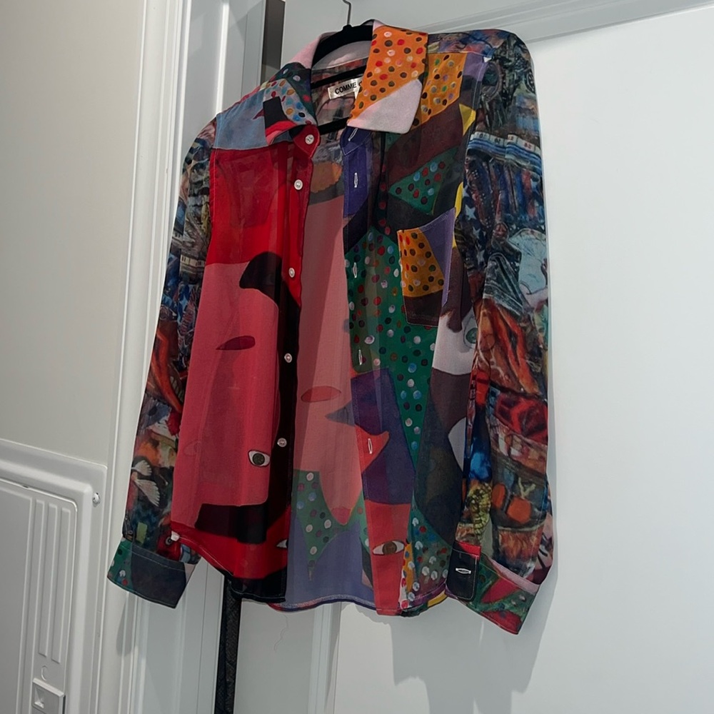 Comme des Garcons Multicolor Abstract Art Print Blouse Semi-Sheer Button Up RARE